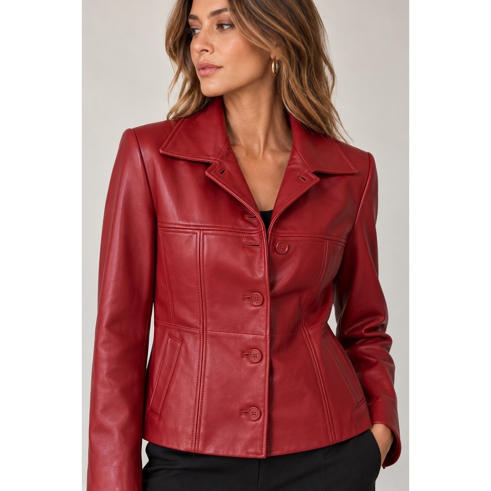 Jones New York Womens Red Genuine Leather Button Front Jacket Size L Mobwir